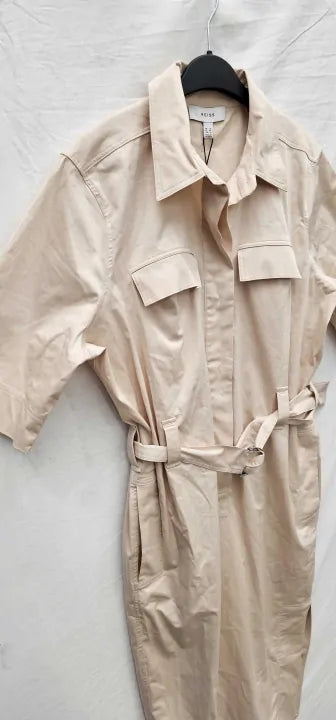 Reiss - Stone Cotton Blend Utility Belted Midi Dress - Beige Size: Uk12