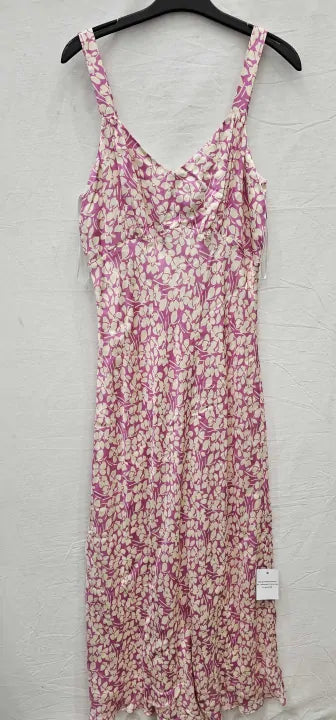 Ro & Zo - Pink Floral Satin Midi Dress - Pink/Ivory Size: Uk10
