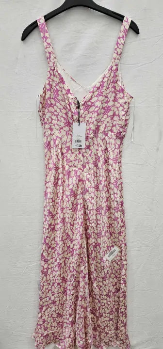 Ro & Zo - Pink Floral Satin Midi Dress - Pink/Ivory Size: Uk10