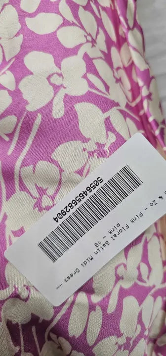 Ro & Zo - Pink Floral Satin Midi Dress - Pink/Ivory Size: Uk10