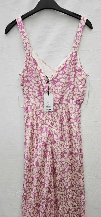 Ro & Zo - Pink Floral Satin Midi Dress - Pink/Ivory Size: Uk10