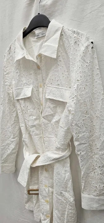 Mango - White Swiss Embroidered Shirt Dress - White Size: M