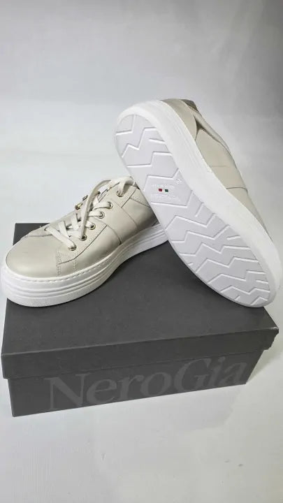Nerogiardini - Beige Detailed Leather Flatform Trainers Size: Uk 6