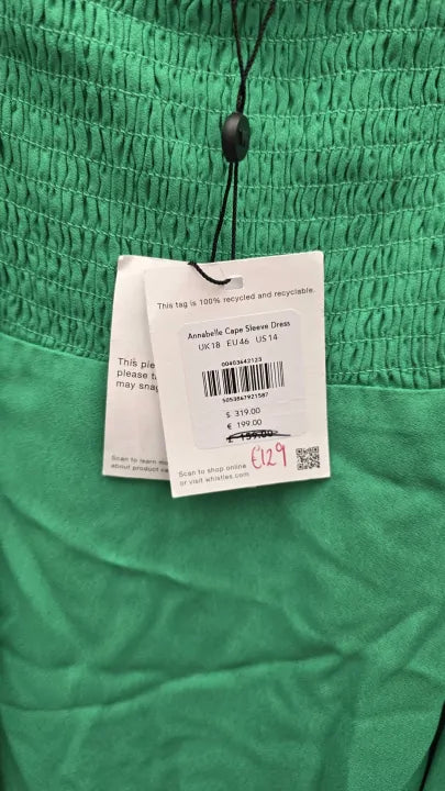 Whistles Green Annabelle Cape Sleeve Dress Size: Uk 18