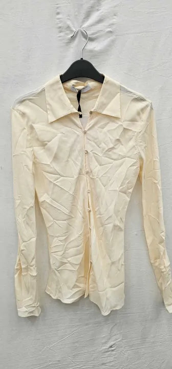 Mango X Victoria Beckham - Cream Button Up Silk Blend Shirt - Beige Size: Uk8