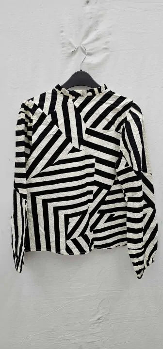 Part Two - Black Printed Tunisian Collar Blouse - Black &Cream Size: Eu36