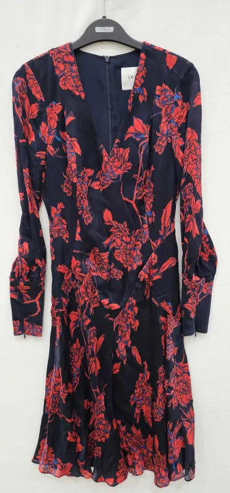 L K Bennett-mina Dresses Pri-red Rose-6-red-pink/navy Chiffon Mina Dress-red Size: Uk6