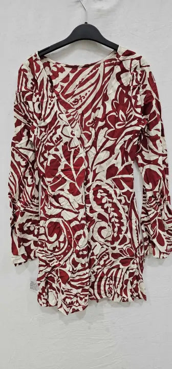 Asos Design Viscose Slash Neck Mini Dress With V-back Detail In Red Print Size: Uk16