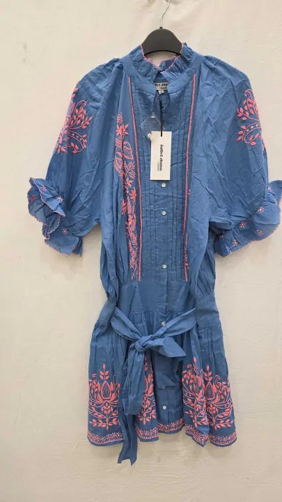 Juliet Dunn - Blue Blouson Dress With Embroidery Size: 41974