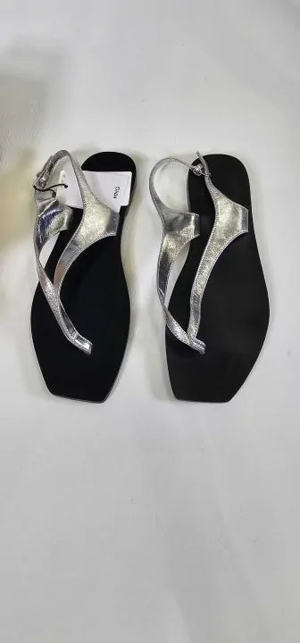Mango - Silver Amanda Toe Post Flat Sandals - Silver Size: 41