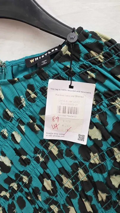 Whistles - Green Painted Leopard Shirred Dress Size: Uk 16