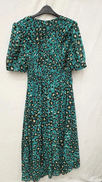 Whistles - Green Painted Leopard Shirred Dress Size: Uk 16