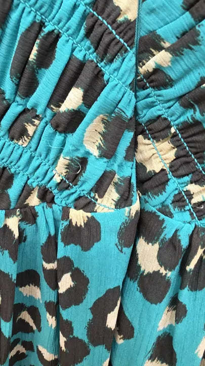 Whistles - Green Painted Leopard Shirred Dress Size: Uk 16