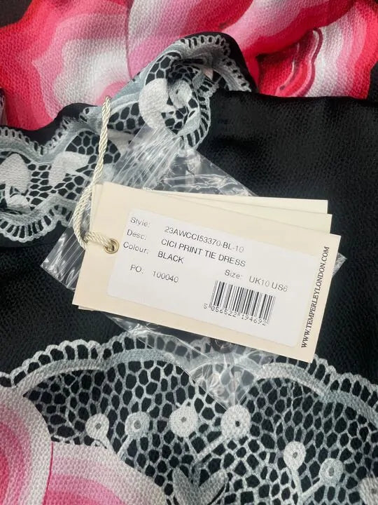Temperley London - Black Cici Print Tie Dress Size: Uk 10