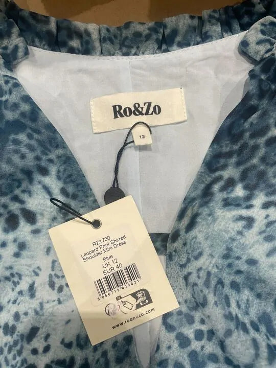 Ro & Zo - Blue Leopard Print Shirred Shoulder Mini Dress Size: Uk 12