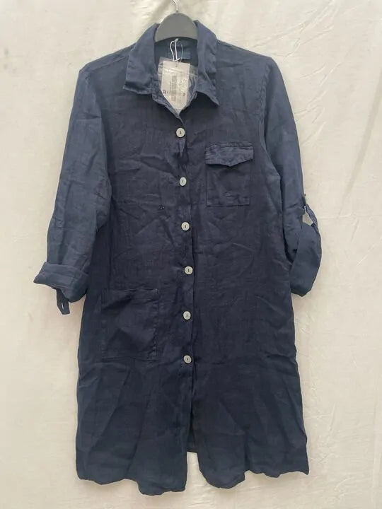 Rodier - Navy Button Through Linen Shirt Dress Size: M/l