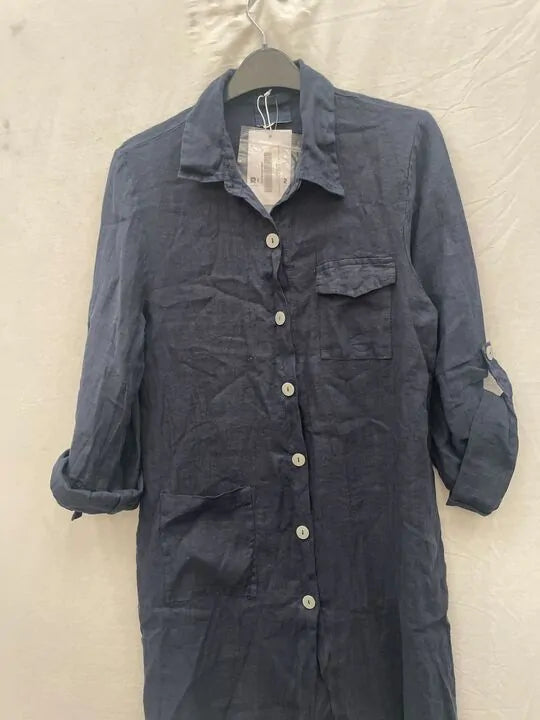 Rodier - Navy Button Through Linen Shirt Dress Size: M/l