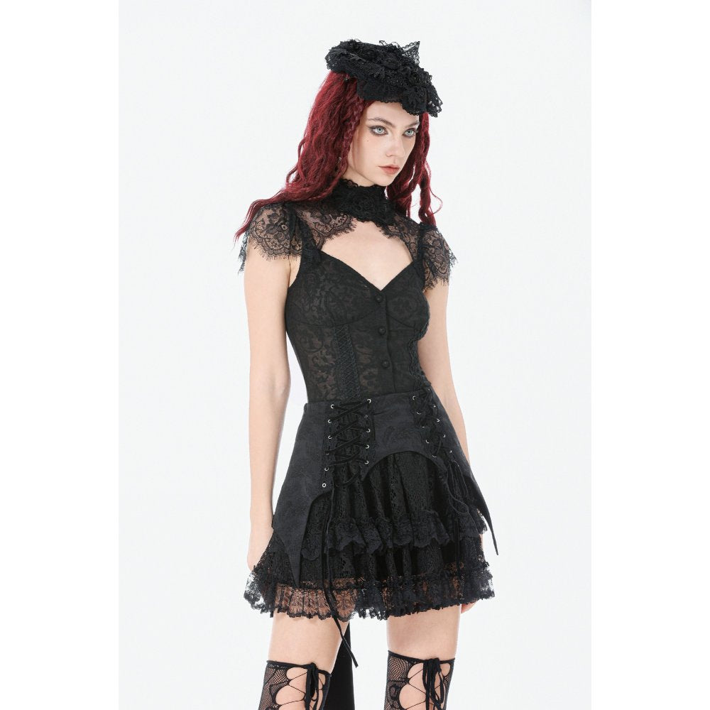 Black Floral Lace High-Neck Gothic Shoulder-Mantle Corset Top