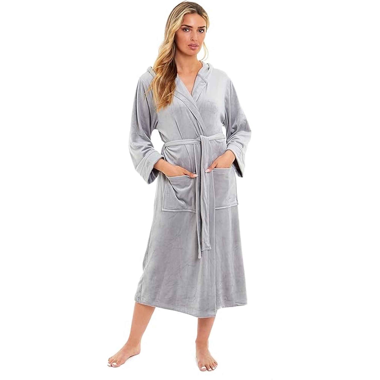 Elegant Women's Hooded Velour Robe Ultra-Soft Luxurious Bathrobe Perfect for Lounging Spa and Gym in Pink and Grey Adjustable Fit Multiple Sizes by Daisy Dreamer