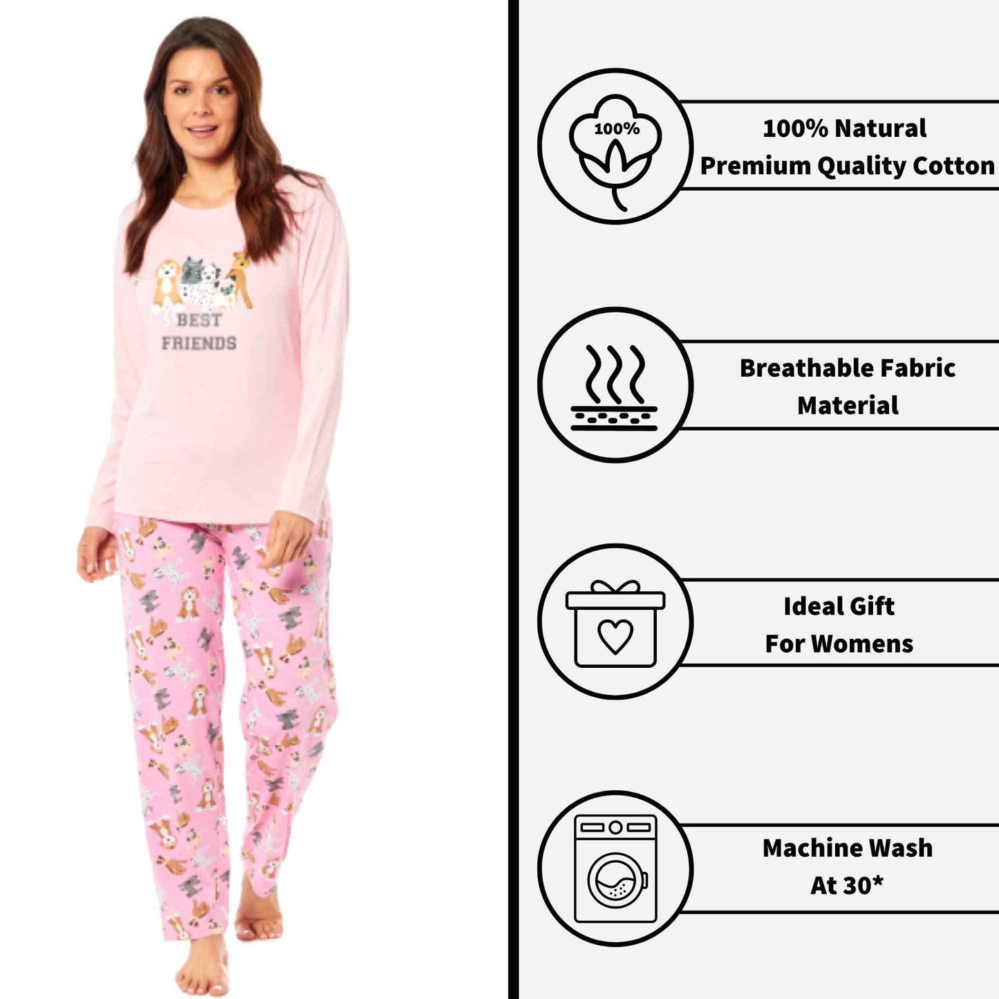 Soft Pink Dogs Pyjama Lounge Set for Women Comfortable Cotton Long Sleeve Top with Patterned Bottoms Elasticated Waistband Cozy PJs Available in Sizes Small to X Large Daisy Dreamer