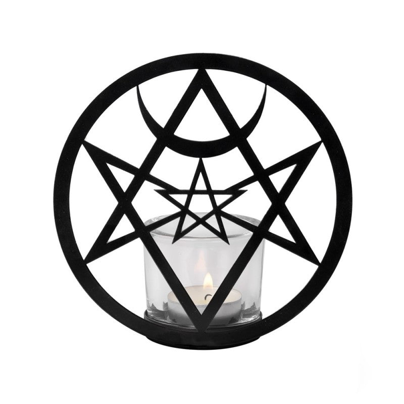 Alchemy Gothic Unicursal Hex Tealight Holder - Black Iron & Glass Candle Stand