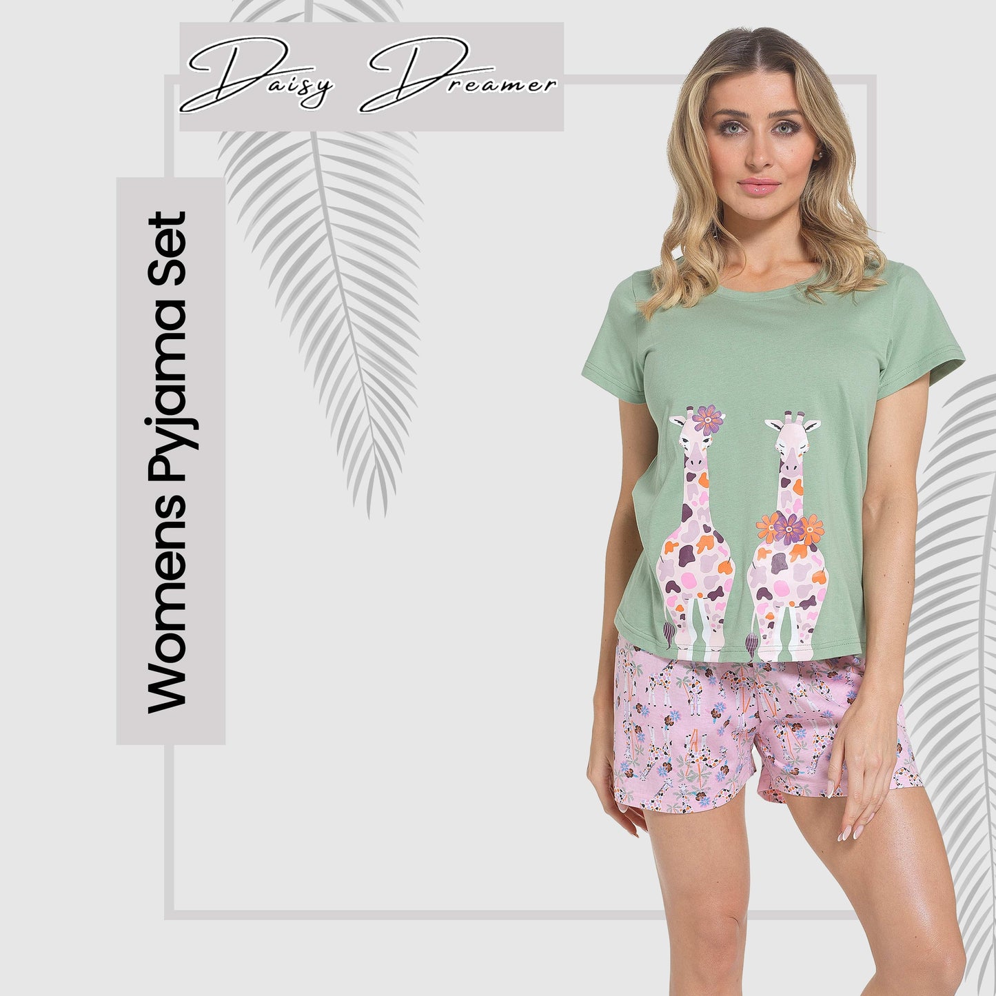 Women's Giraffe Pyjama Set T-Shirt & Shorts PJs Soft Cotton Loungewear Summer Holiday Sleepwear by Daisy Dreamer
