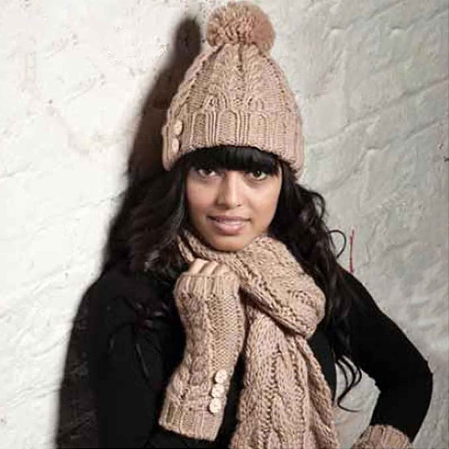 Women's Hand-Knitted Winter Hat Scarf and Hand Warmer Set with Inga Button Design Luxurious Acrylic Adjustable Fit Elegant Brown and Cream by Sock Stack