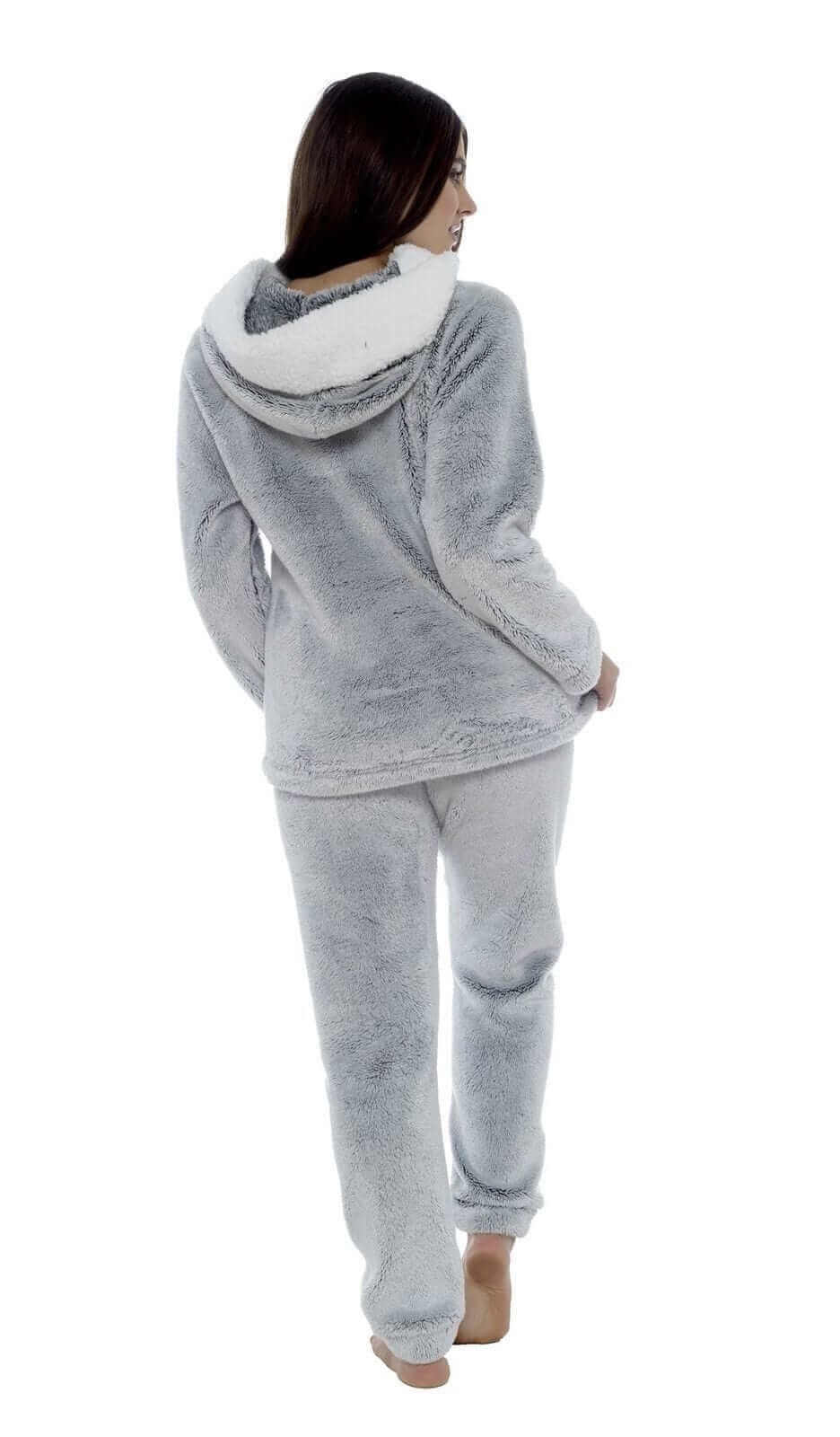 Women's Plush Fleece Hooded Pyjama Set Shimmer Grey Super Soft Fabric Elasticated Waistband Sherpa Edging Cozy Sleepwear Small to X Large by Daisy Dreamer