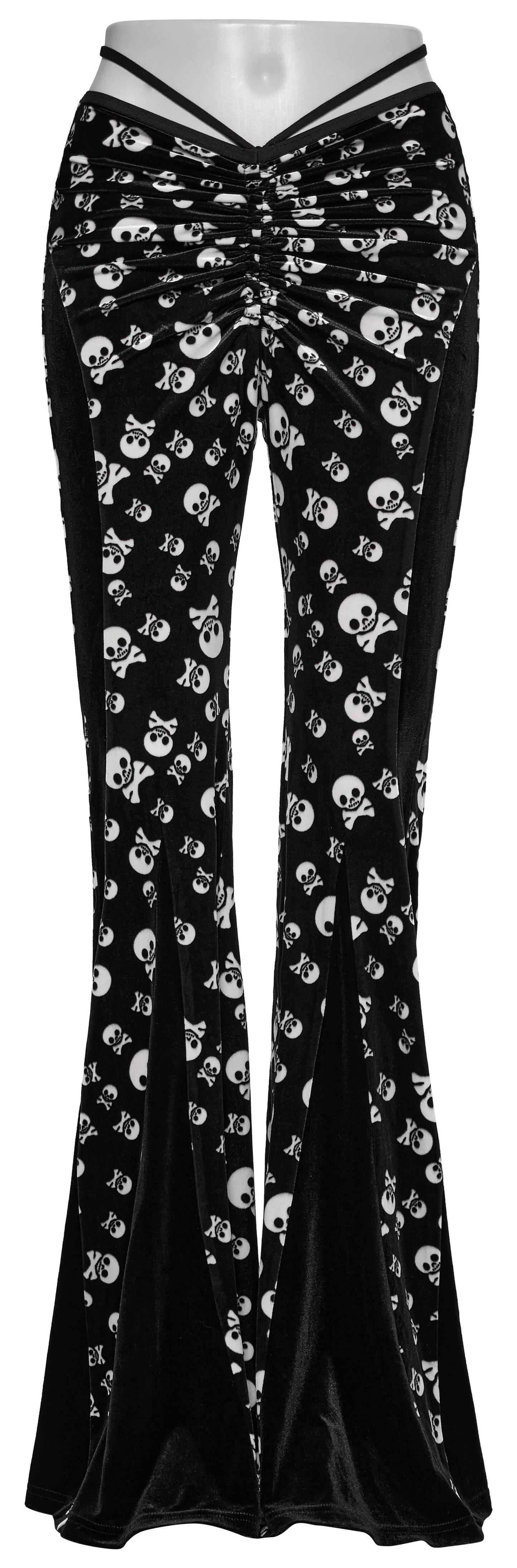 Punk Rave Nulia Spliced Velvet Flared Trousers with Skull Print