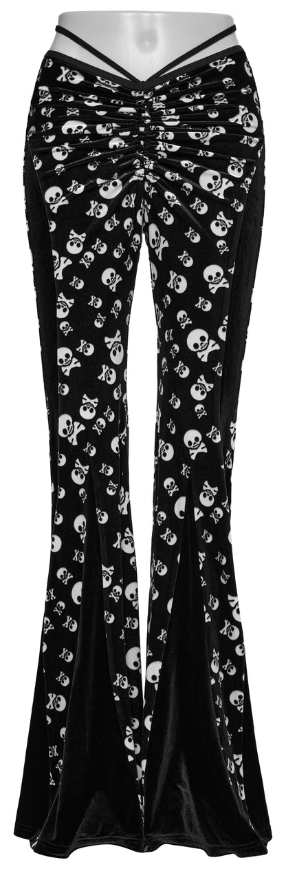 Punk Rave Nulia Spliced Velvet Flared Trousers with Skull Print