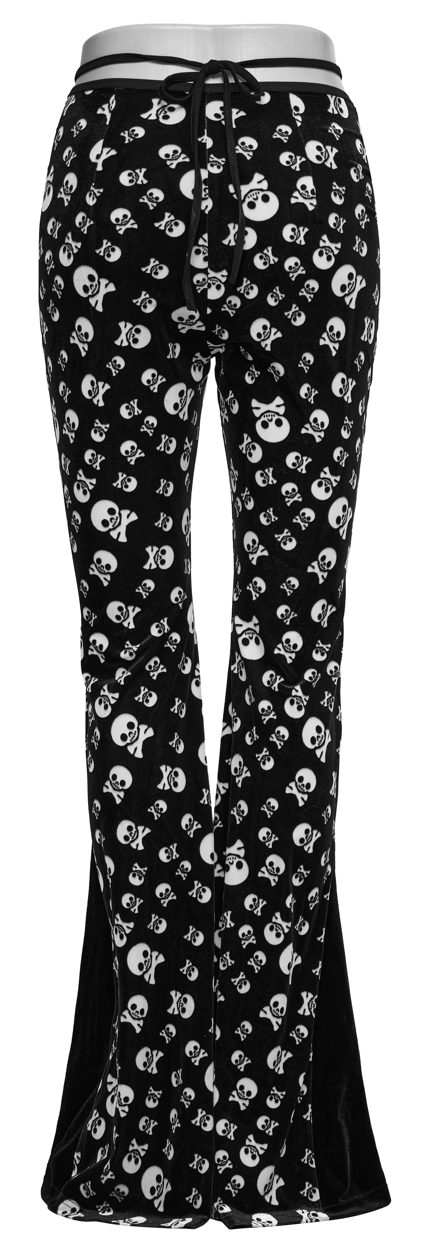 Punk Rave Nulia Spliced Velvet Flared Trousers with Skull Print