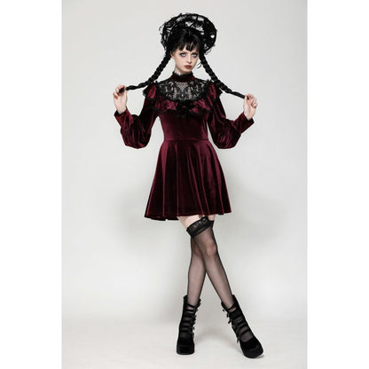 Dark in Love Verity Burgundy Velvet Dress with Black Gothic Lace