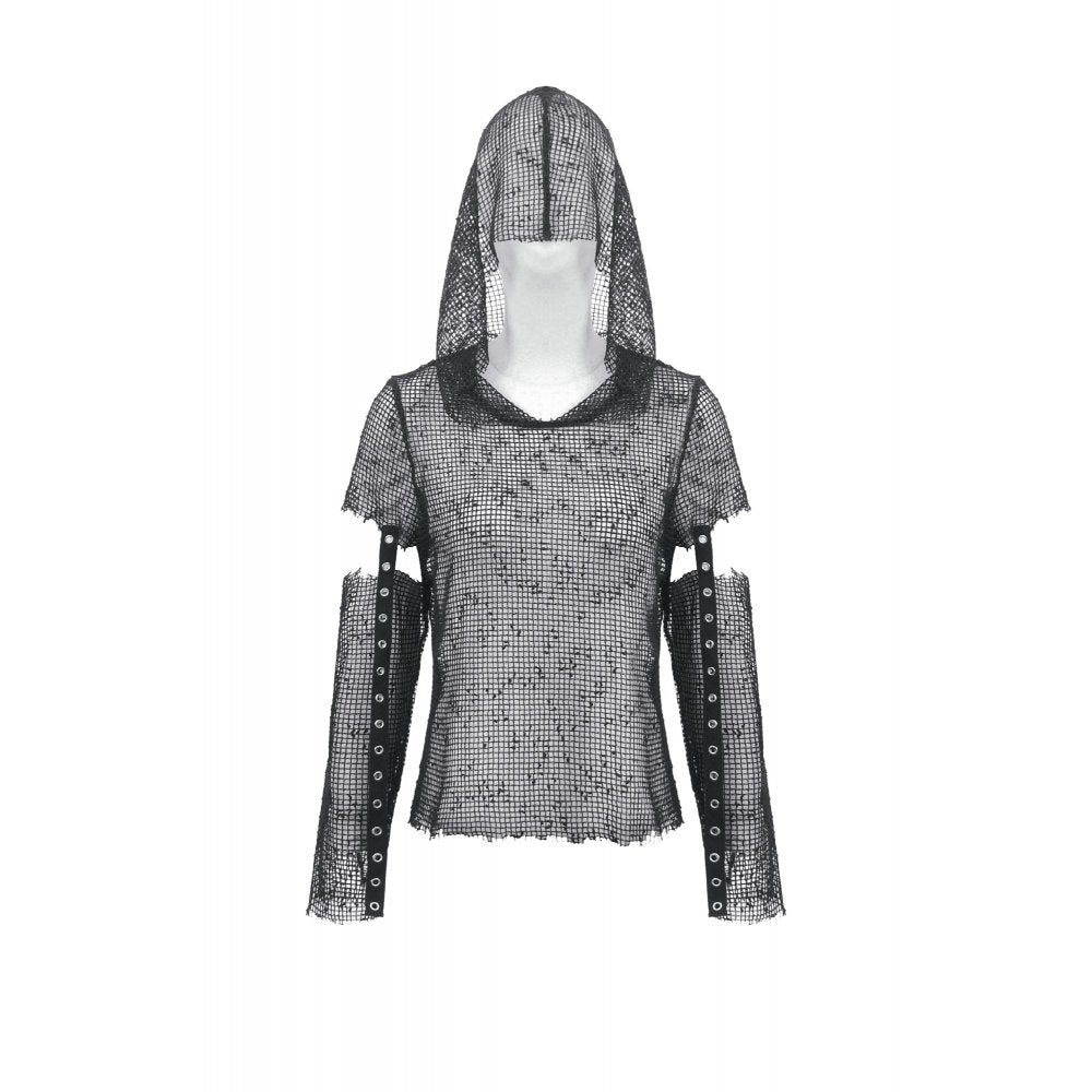 Dark in Love Punk Mesh Hollow-Out Hooded Top