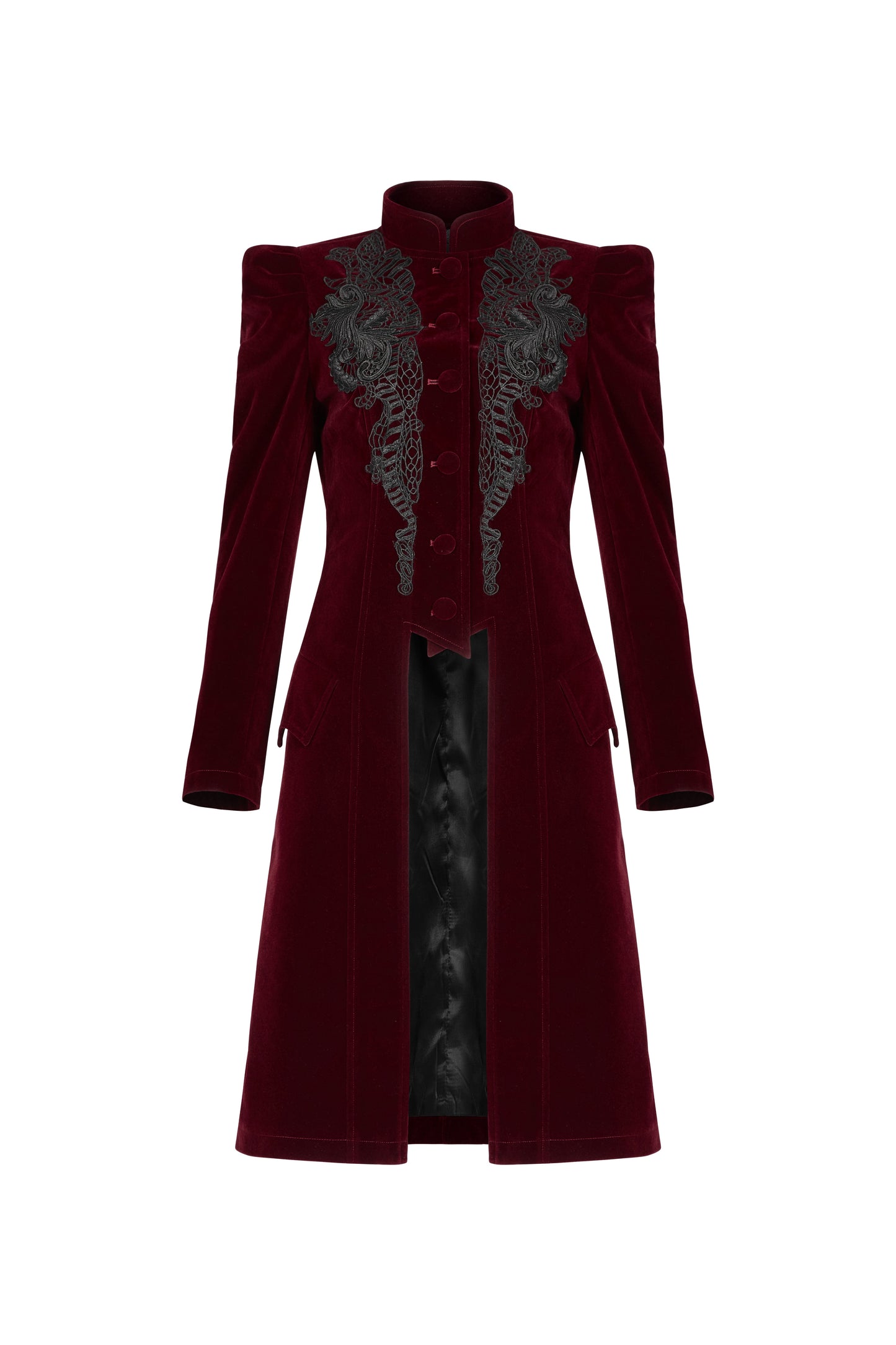 Punk Rave Nerezza Goth Mid-Length Embroidered Velvet Coat in Red