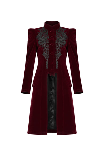 Punk Rave Nerezza Goth Mid-Length Embroidered Velvet Coat in Red