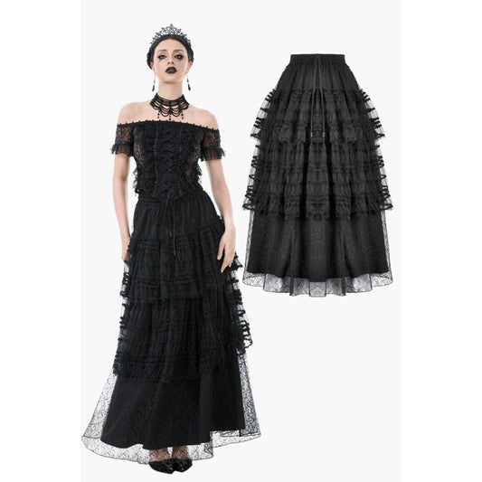 Dark in Love Morticia Gothic Velvet & Lace Skirt in Black