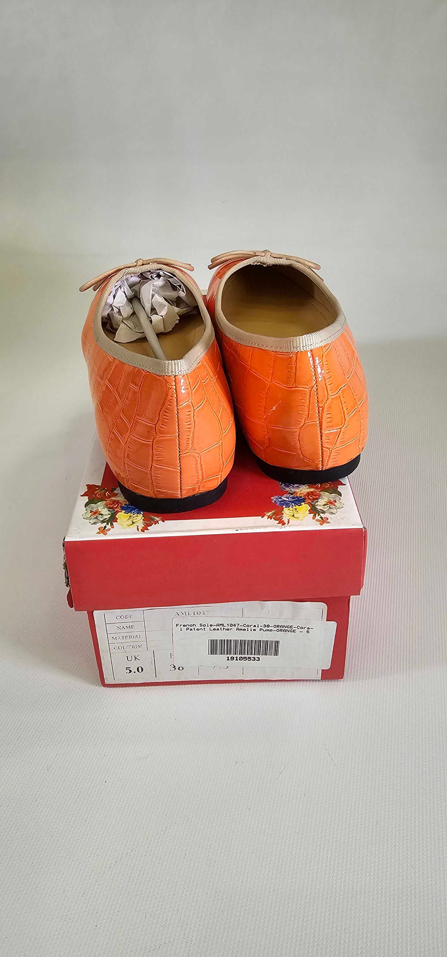French Sole - Coral Patent Leather Amelie Pump - Orange Size: Uk5