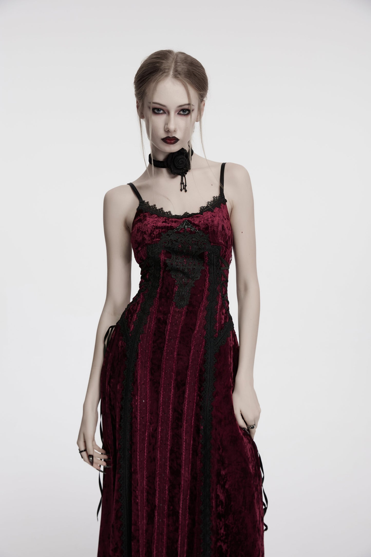 Punk Rave Vivienne Velvet Lace Panel Goth Slip Dress In Burgundy
