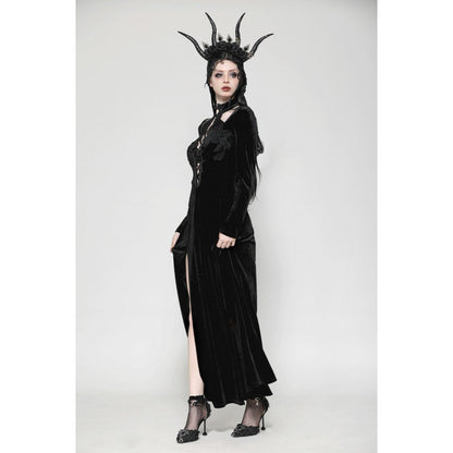 Dark in Love Vera Gothic Velvet High-Slit Maxi Dress with Hollow Neckline & Embroidered Buttons
