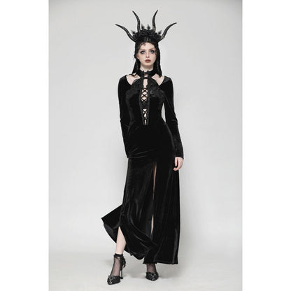 Dark in Love Vera Gothic Velvet High-Slit Maxi Dress with Hollow Neckline & Embroidered Buttons