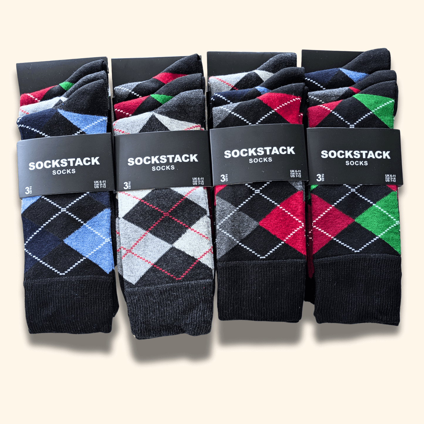 12 Pairs Men's Soft Cotton Colourful Heel Toe Black Argyle Diamond Easycare Comfortable Shoe Socks Flat Toe Seam Durable Work School Business Wear UK 6-11 by Sock Stack