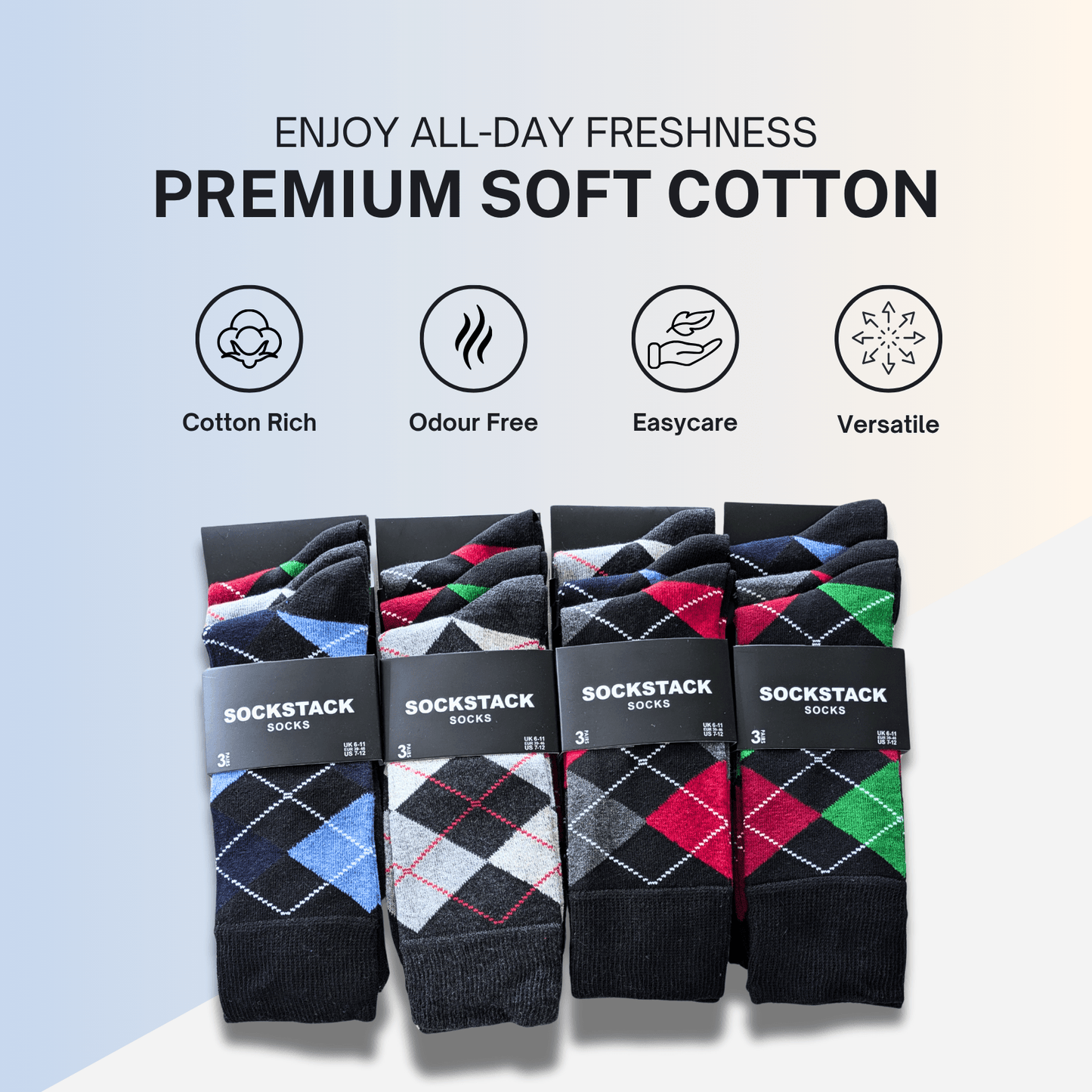 12 Pairs Men's Soft Cotton Colourful Heel Toe Black Argyle Diamond Easycare Comfortable Shoe Socks Flat Toe Seam Durable Work School Business Wear UK 6-11 by Sock Stack