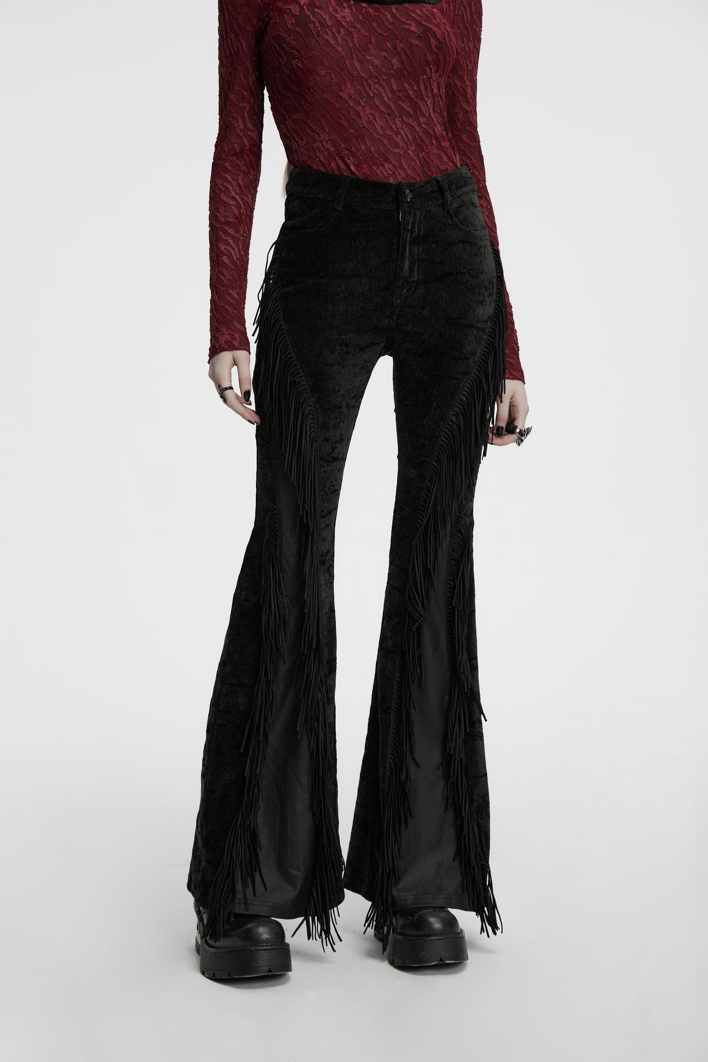 Punk Rave Morrigan Wasteland Tassel Flare Goth Trousers In Black