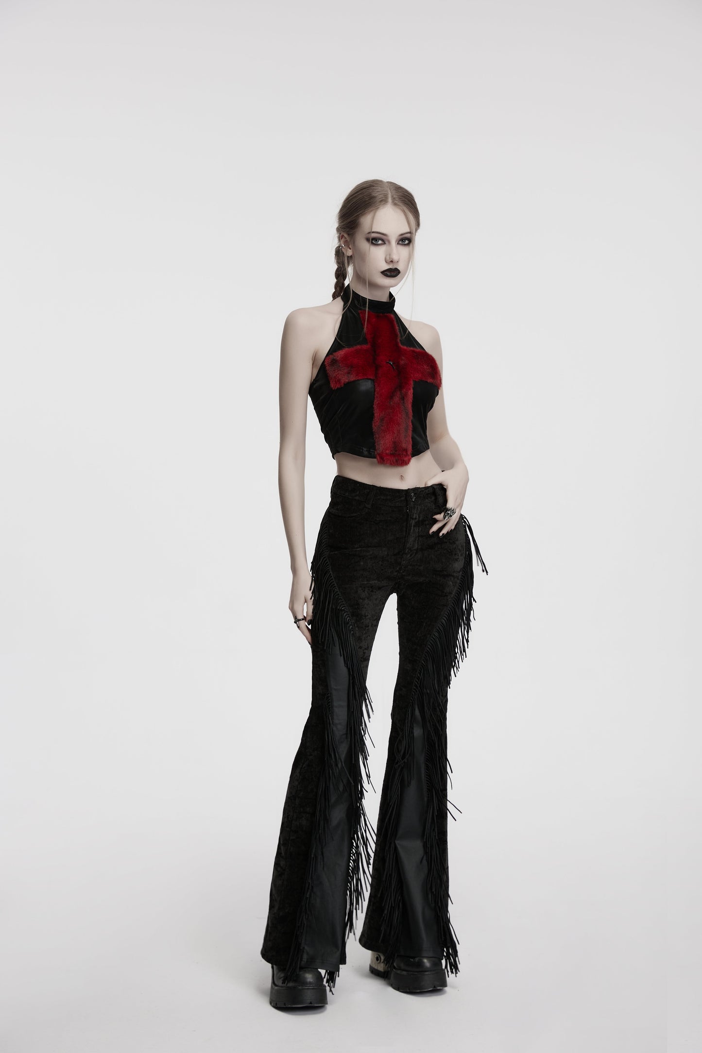 Punk Rave Morrigan Wasteland Tassel Flare Goth Trousers In Black