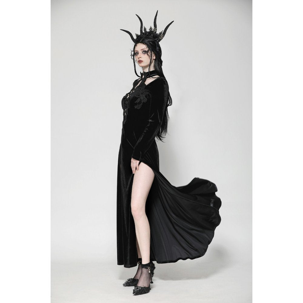 Dark in Love Vera Gothic Velvet High-Slit Maxi Dress with Hollow Neckline & Embroidered Buttons