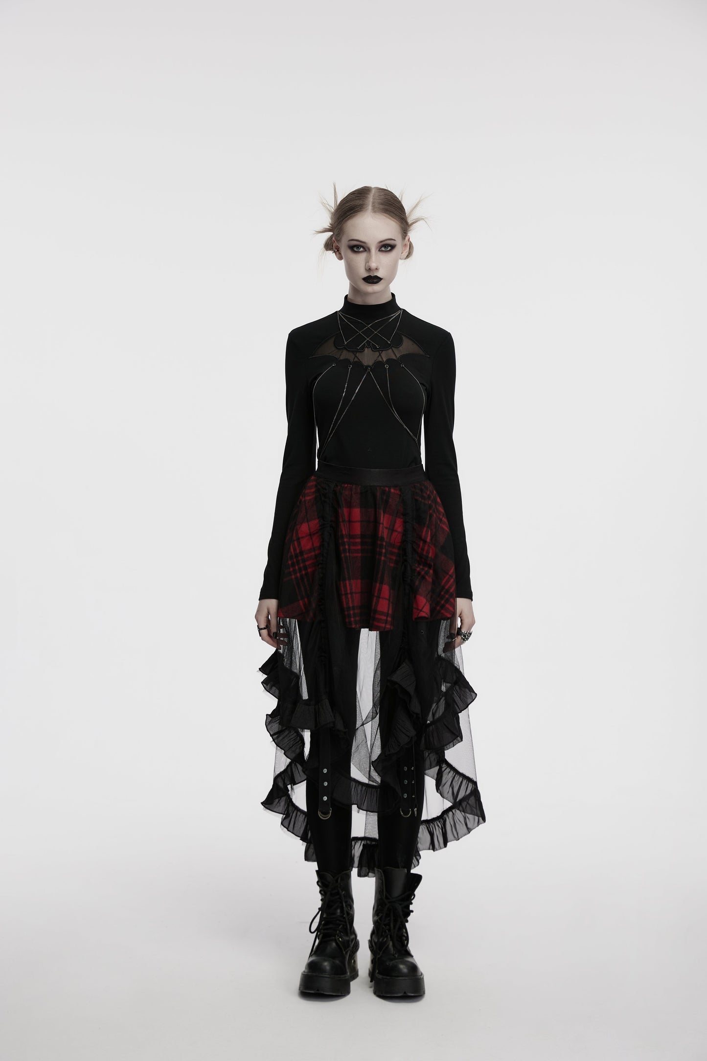 Punk Rave Morrigan Mesh Plaid High-Low Skirt