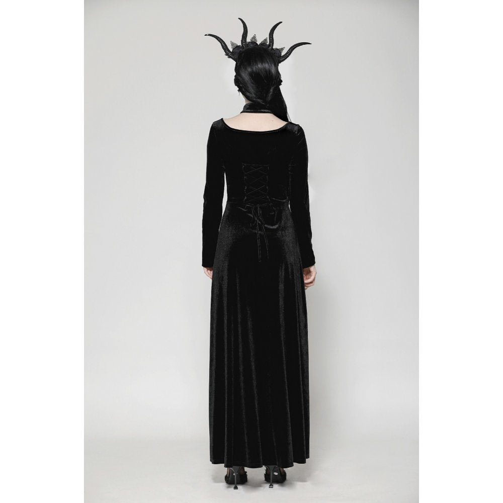Dark in Love Vera Gothic Velvet High-Slit Maxi Dress with Hollow Neckline & Embroidered Buttons