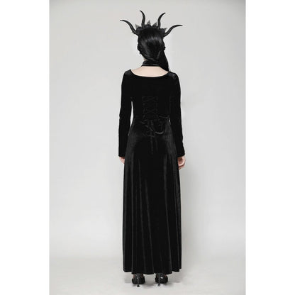 Dark in Love Vera Gothic Velvet High-Slit Maxi Dress with Hollow Neckline & Embroidered Buttons