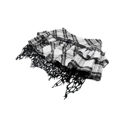 Dark in Love Quinn Punk Black and White Checkered Asymmetrical Messy Net Skirt