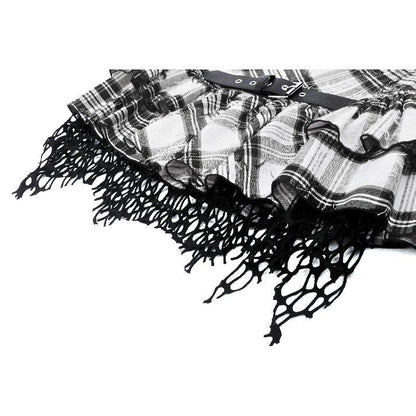 Dark in Love Quinn Punk Black and White Checkered Asymmetrical Messy Net Skirt